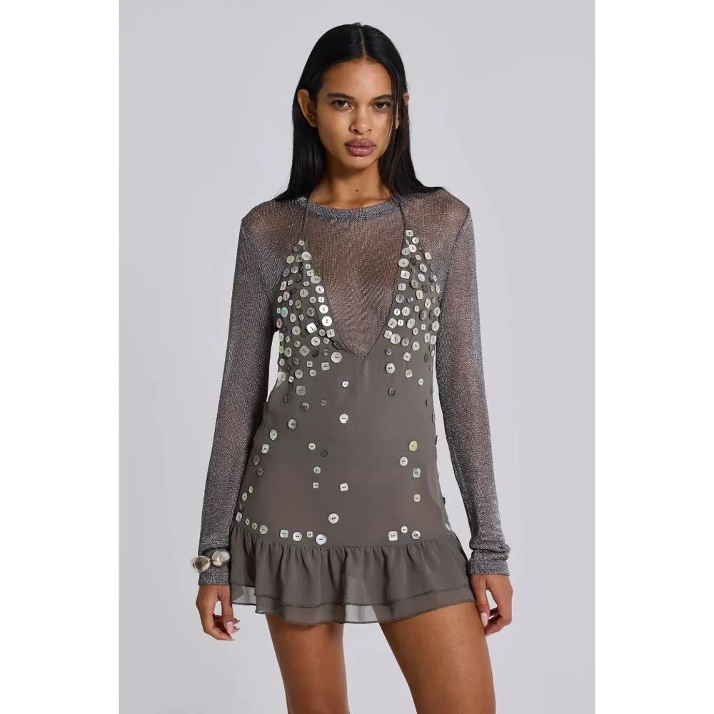 Jaded London Layered Mini Dress in Grey New Womens Sheer Halter - Picture 13 of 17